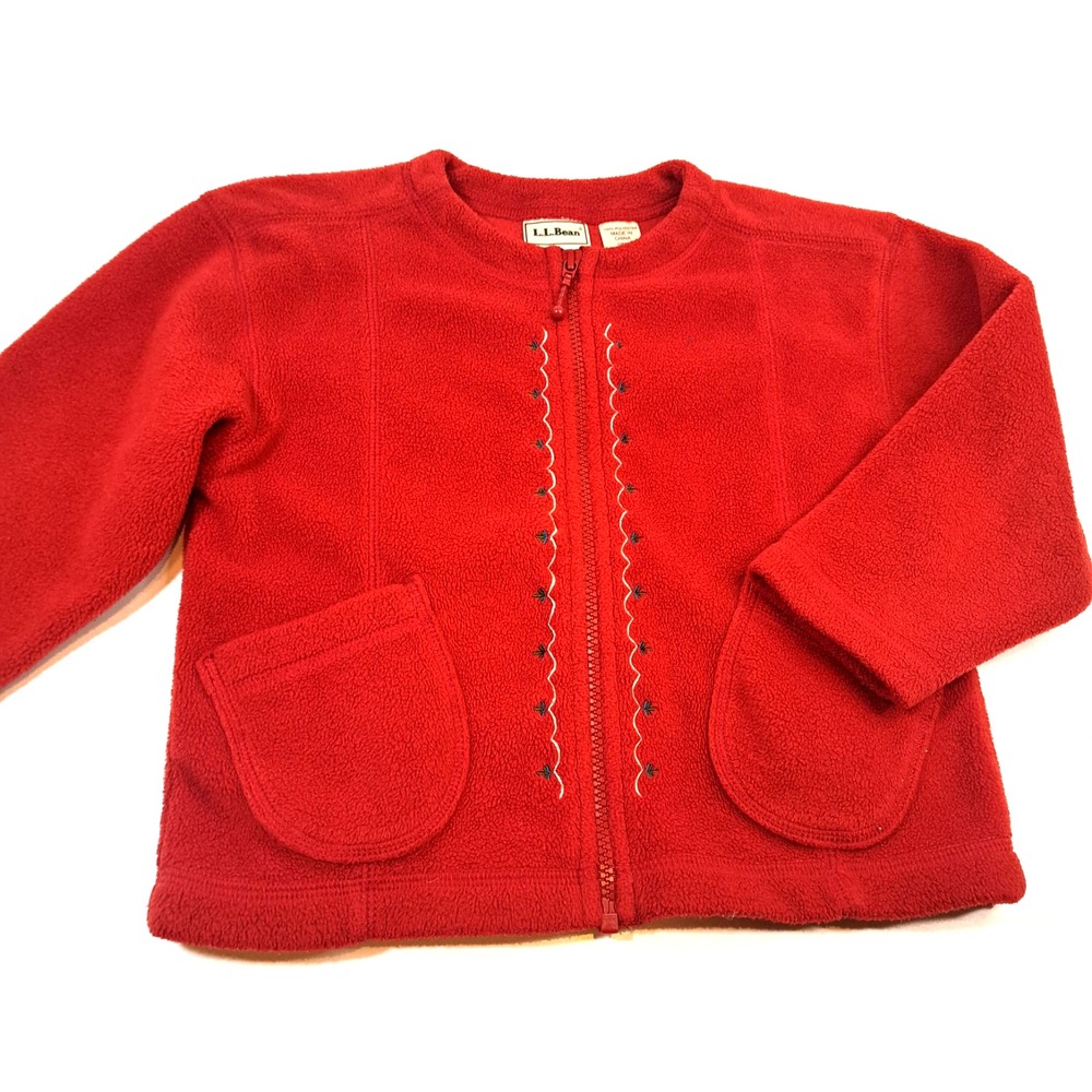 L.L. Bean Girls Full Zip Fleece Jacket XXS Red Embroidered Pockets Cozy Classic